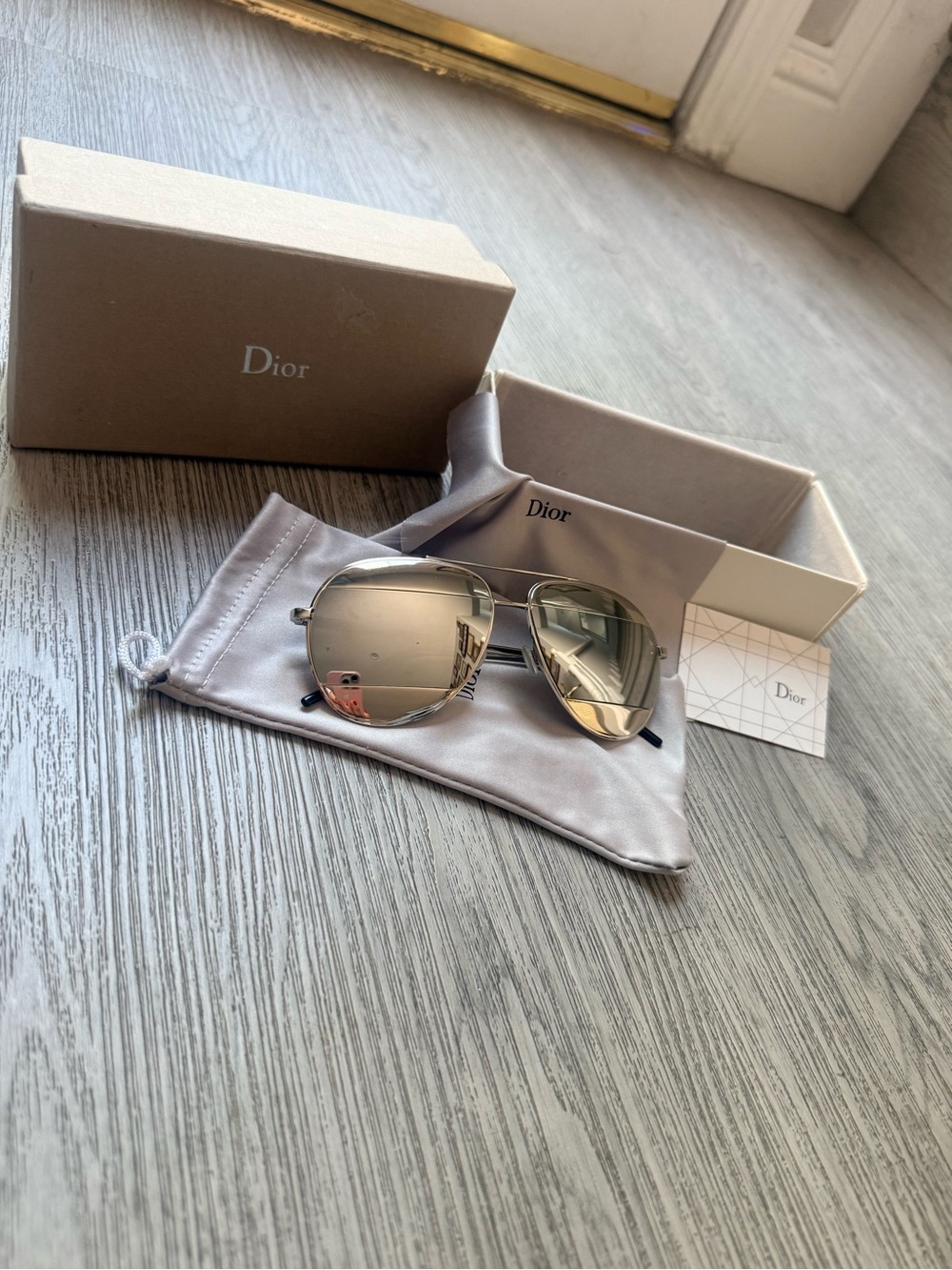 Dior Silver Mirrored Aviator Sunglasses with Gray Pouch